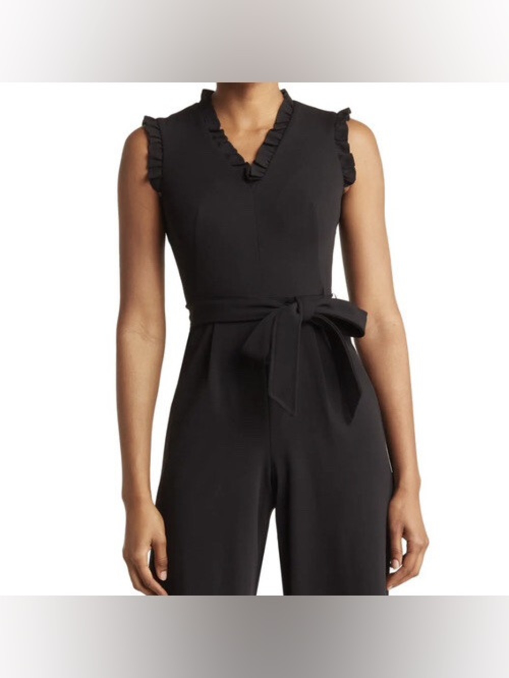 Calvin Klein Black Ruffle Jumpsuit with Gold Zip and Belt
